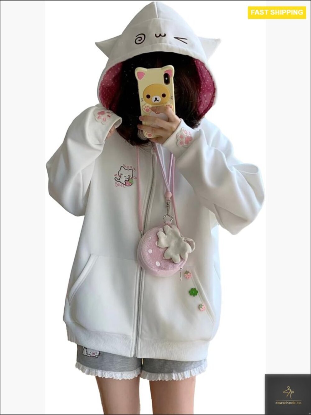 Y2K Kawaii Embroidered Cat Ear Oversized Zip Up Hooded Jacket Streetwear